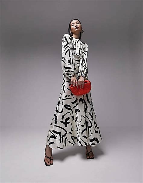 Topshop long sleeve maxi dress in mono squiggle print  Topshop tie detail mesh midi dress in mono abstract print